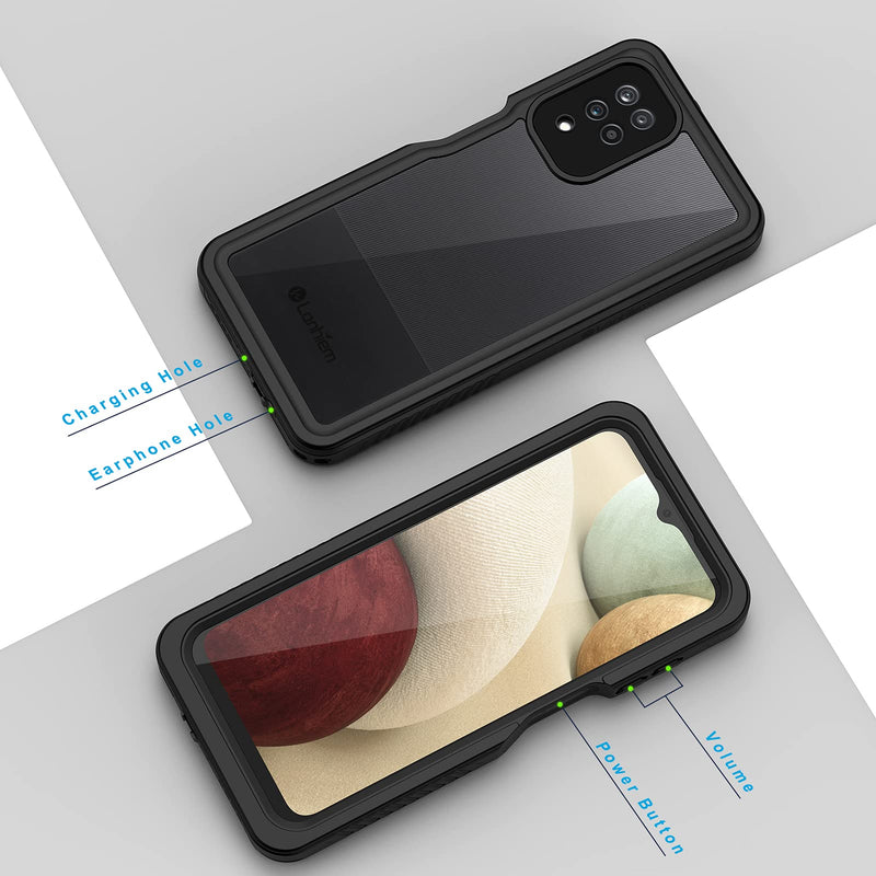 Lanhiem Samsung A12 Case, IP68 Waterproof Dustproof Case with Built-in Screen Protector, Full Body Heavy Duty Shockproof Protective Cover for Samsung Galaxy A12 6.5 Inch (Black/Clear)