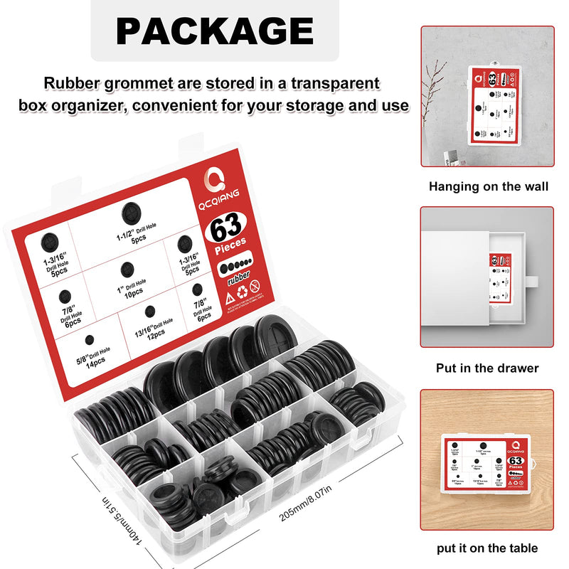 QCQIANG 63Pcs Rubber Grommet Kit, Drill Hole Firewall Hole Plugs Wire Protection, 6 Sizes 5/8" 13/16" 7/8" 1" 1-3/16" 1-1/2"(Round) Black Rubber Grommet Kit