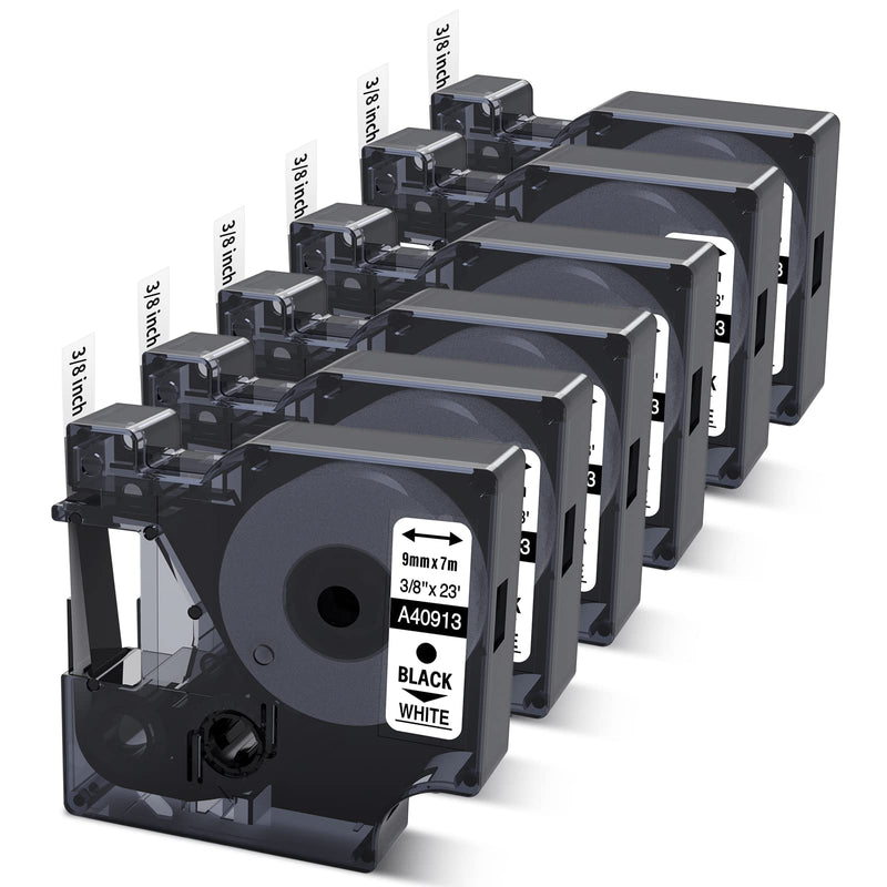 6-Pack Compatible Dymo 41913 (40913) 3/8 Inch D1 Label Tape Black on White 9mm Refills S0720680 for DYMO LabelManager 160 280 360D Label Maker COLORPOP, 23Ft 3/8"-black on White