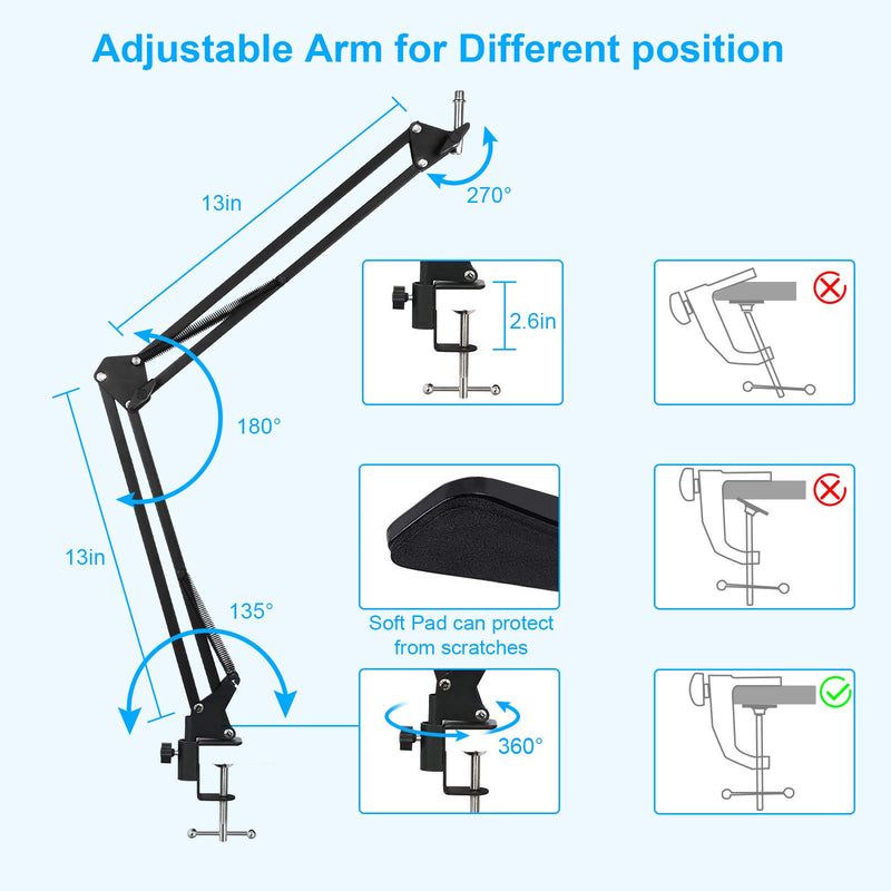 EEEKit Microphone Arm Stand, Adjustable Suspension Boom Scissor Arm Stand with 3/8" to 5/8" Screw Adapter, Mic Clip, Shock Mount, Pop Filter, Mic Cover Foam, and Cable Ties, for Most Microphones Microphone Stand
