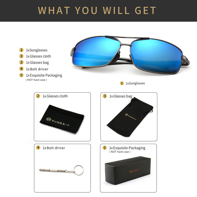 SUNGAIT Ultra Lightweight Rectangular Polarized Sunglasses UV400 Protection Gunmetal Frame/Blue Mirror Lens
