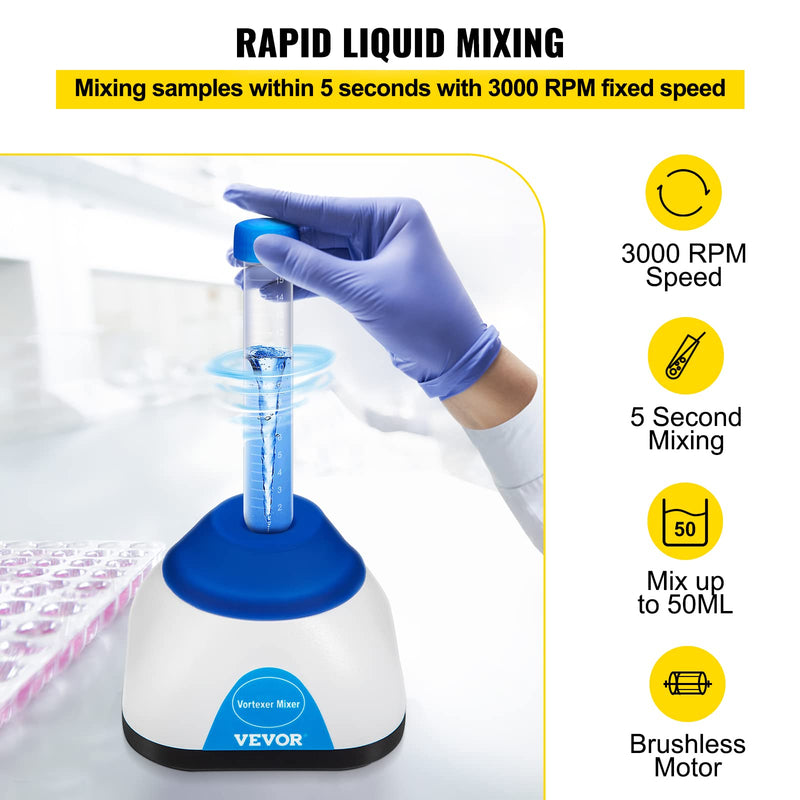 VEVOR Vortex Mixer, 3000RPM Mini Vortex Mixer Shaker, Touch Function Scientific Lab Vortex Shaker, Mix Up to 50ML, 6mm Orbital Diameter for Test Tube, Tattoo Ink, Nail Polish, Eyelash Adhesives, Paint Blue