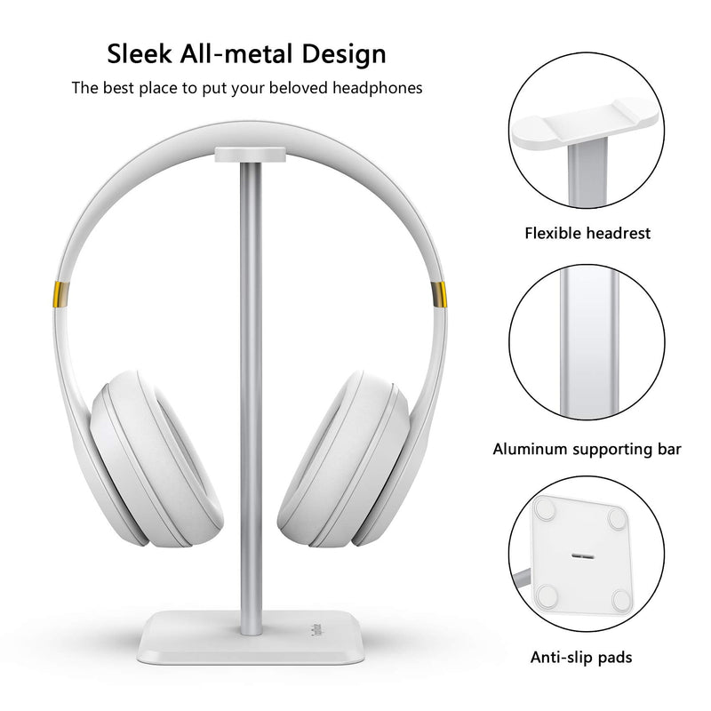 TopMade Headphone Stand Headset Holder Gaming Headset Stand with Aluminum Supporting Bar Flexible Headrest Anti-Slip Earphone Stand for All Headphones（White） 001 White