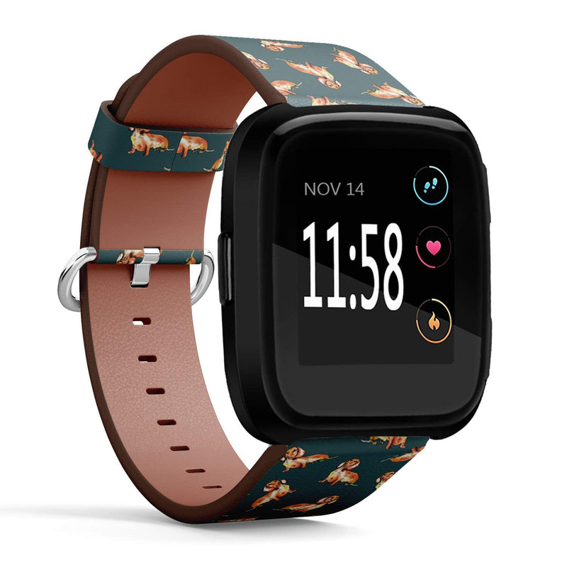 Compatible with Fitbit Versa/Versa 2 / Versa LITE - Leather Watch Wrist Band Strap Bracelet with Quick-Release Pins (Dachshund Dog Watercolor)