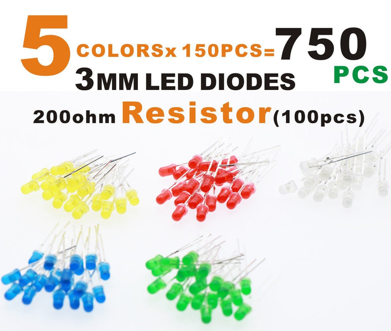 Waycreat 3mm 750PCS (5 colors x 150pcs) Milky LED Emitting Diodes Diffused Light Kit with 100PCS 200ohm Resistor)