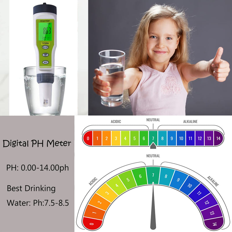 YINMIK PH Tester Digital, PH/EC/Temperature Meter 3-in-1, 0.01pH High Accuracy, 0.01pH Resolution, 0-14pH Measurement Range, Water Quality Tester with Auto Calibration for Hydroponic, Aquariums, etc