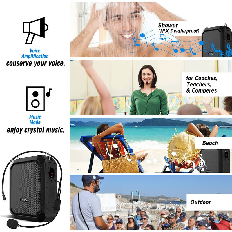 SHIDU Bluetooth Voice Amplifier, Personal Voice Amplifier 18W with Wired Microphone Headset Portable Waterproof Bluetooth Speaker Rechargeable PA System Power Bank for Outdoors,Teachers,Shower,Beach