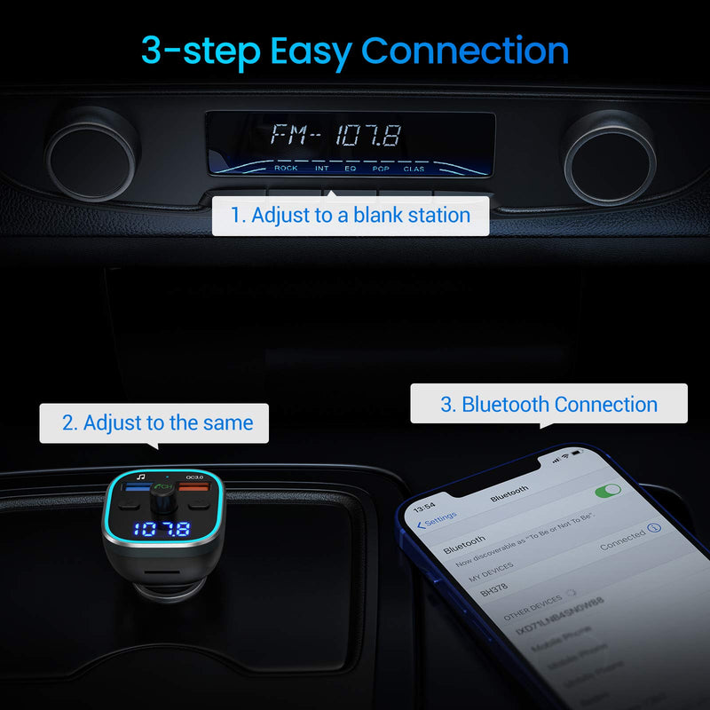 Bluetooth FM Transmitter for Car, BT 5.0 &QC3.0 Wireless Bluetooth FM Audio Adapter Music Player Car Kit with LED Backlit, Hands-Free Calling, 2 USB Ports, Hi-Fi Music, Support U Disk/TF Card