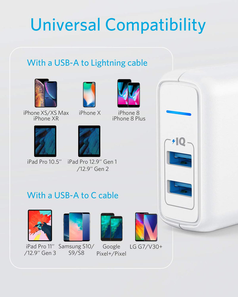 USB Charger, Anker Elite Dual Port 24W Wall Charger, PowerPort 2 with PowerIQ and Foldable Plug, for iPhone 11/Xs/XS Max/XR/X/8/7/6/Plus, iPad Pro/Air 2/Mini 3/Mini 4, Samsung S4/S5, and More White