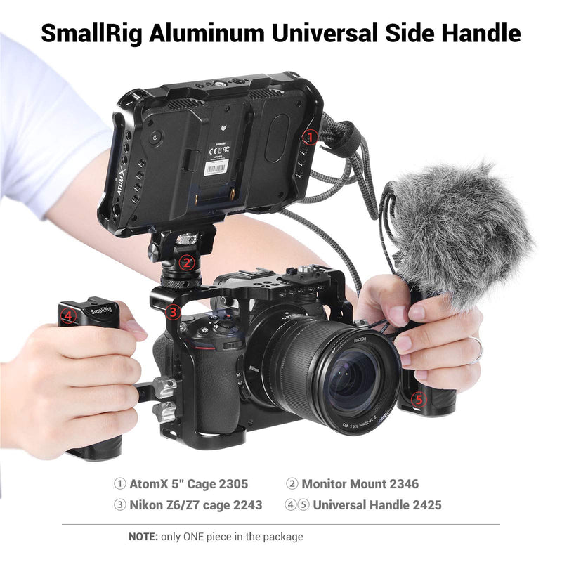 SMALLRIG Universal Aluminum Side Handle Grip for DSLR Camera Cage with Cold Shoe Mount Built-in Wrench, 1/4 Threaded Holes - HSS2425 Locks via Two 1/4”-20 Screws