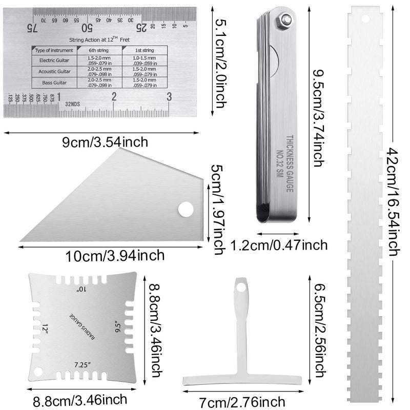 17 Pieces Guitar Luthier Tools Set Guitar Radius Gauge, String Action Ruler Gauge, Feeler Gauge, Guitar Notched Radius Gauges, Guitar Neck Notched Straight Edge, Fret Rocker for Electric Guitar Setup