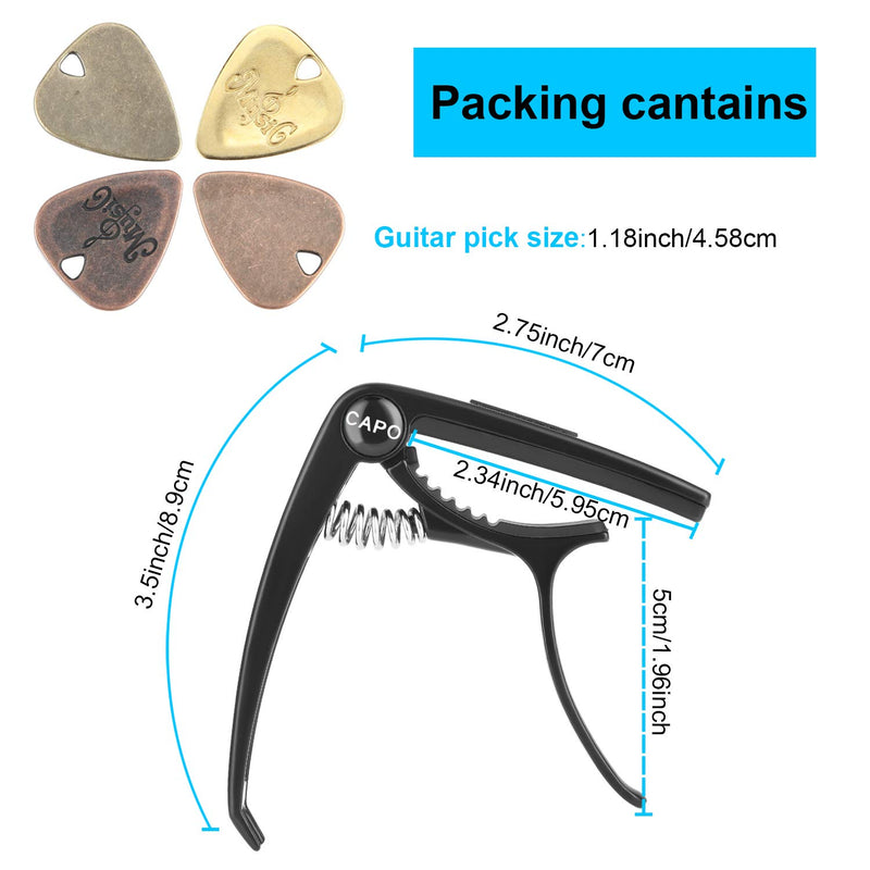 2 Pieces 3 in 1 Guitar Capo Zinc Metal Instrument Capo with 4 Pieces Guitar Picks for 6 String Acoustic and Electric Guitars Banjo Ukulele Bass Mandolin
