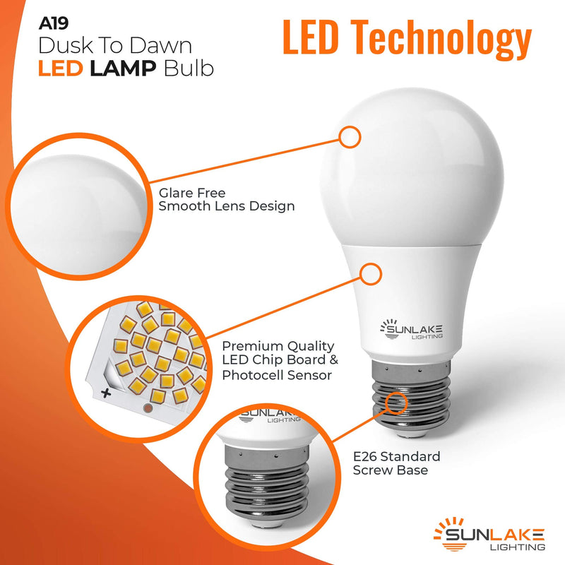 SunLake 6 Pack Dusk to Dawn Light Bulbs Outdoor, Automatic A19 LED Sensor Light Bulb, 5000k Daylight, 9 WATT (60 WATT Equivalent), 800 Lumens, E26 Base