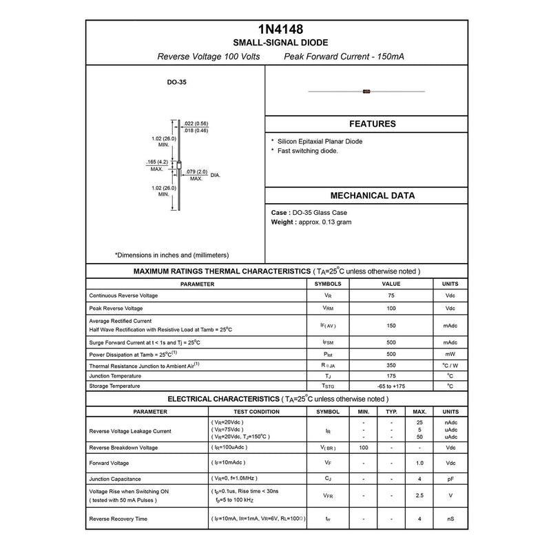 Tegg 100pcs 1N4148 Diode DIY Electronic Components Diode Standard Recovery Power Rectifier DO-35 High-Speed Switching Diodes IN4148