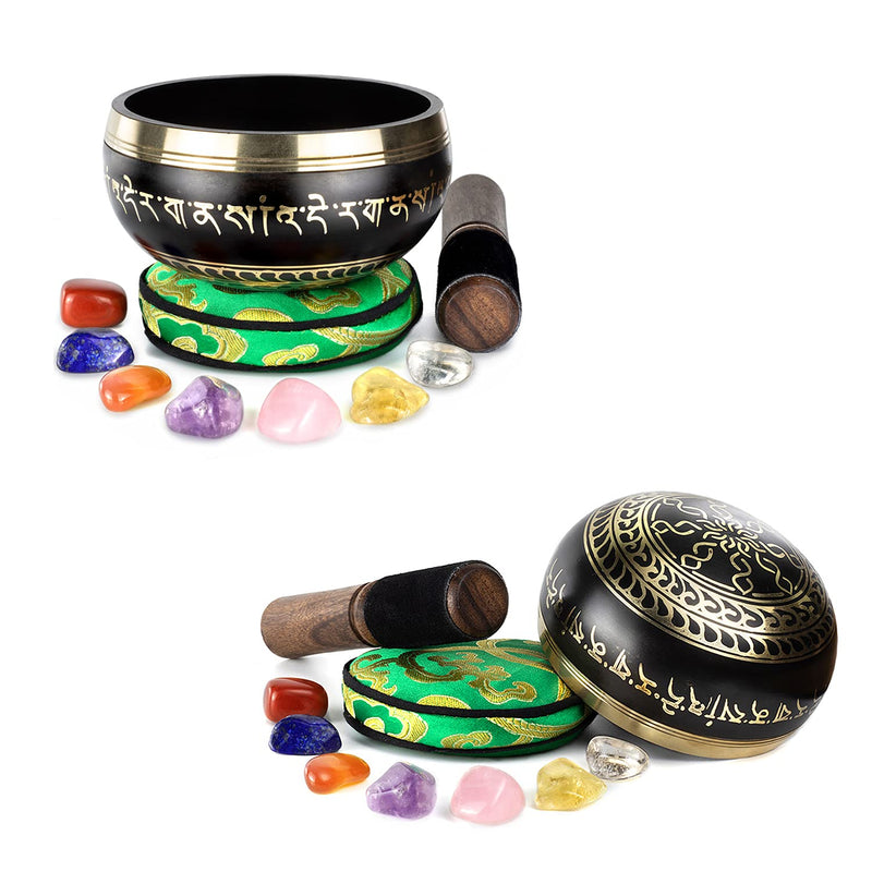 Tibetan Singing Bowl Set - 7 Chakra Crystal stones - For Meditation, Yoga, Mindfulness, Spiritual and Body Healing and Energy Cleansing