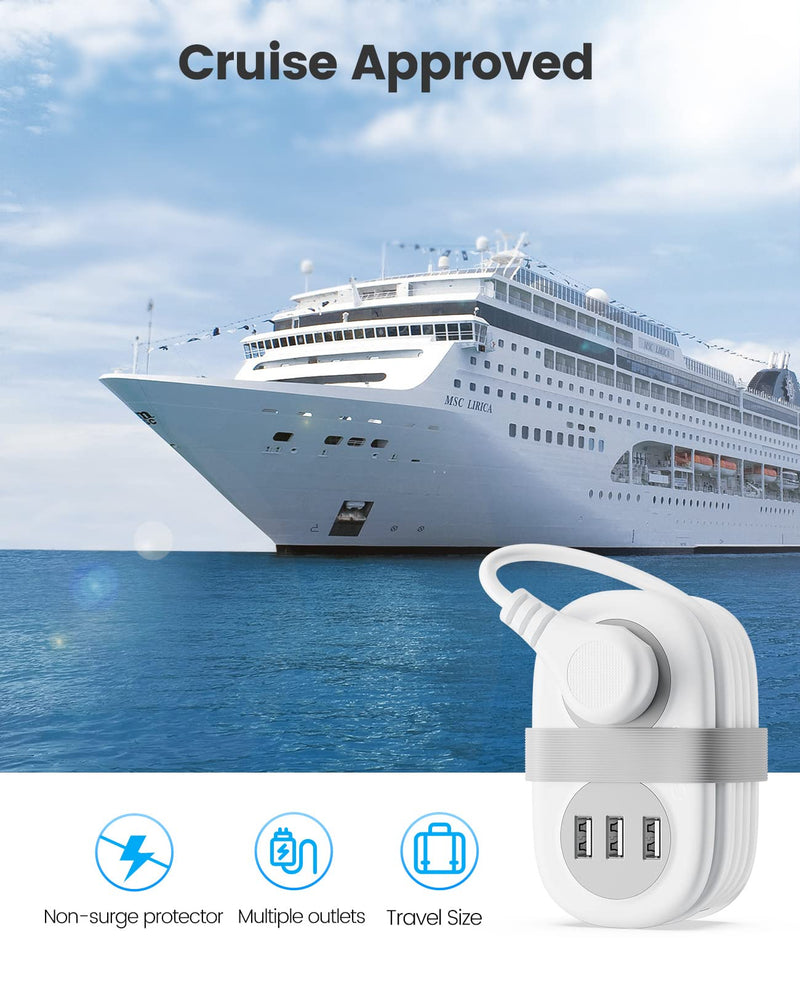 ORICO Travel Power Strip with 3.7 ft Extension Cord, Cruise Approved Power Strip with 2 AC Outlets 3 USB Ports, Travel Must Haves Cruise Essentials - White 3 USB-A | 2 Outlets | White