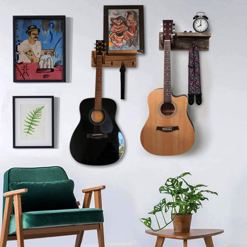 FANFX Guitar Wall Mount Bracket Guitar Wall Hanger Wood Guitar Hanging Rack with Pick Holder Storage Shelf and 3 Metal Hook for Guitar Accessories Electric Acoustic Bass Guitars (brown) brown