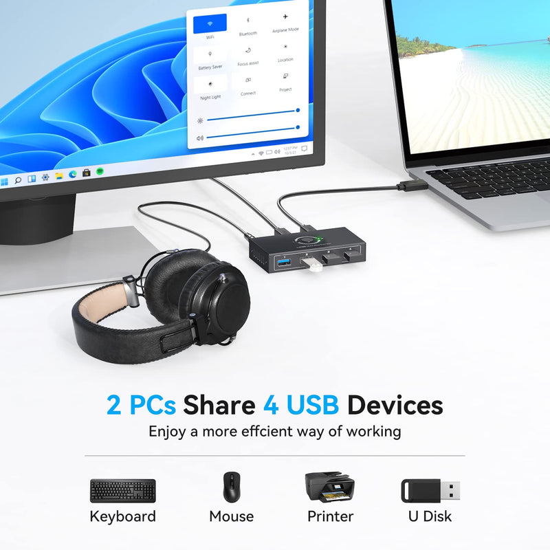 USB 3.0 Switcher Selector 2 Computers Share 4 USB 3.0 Devices1 3.5mm Audio USB KVM Switcher for Keyboard Mouse Printer Scanner Hard Drivers Headsets Black