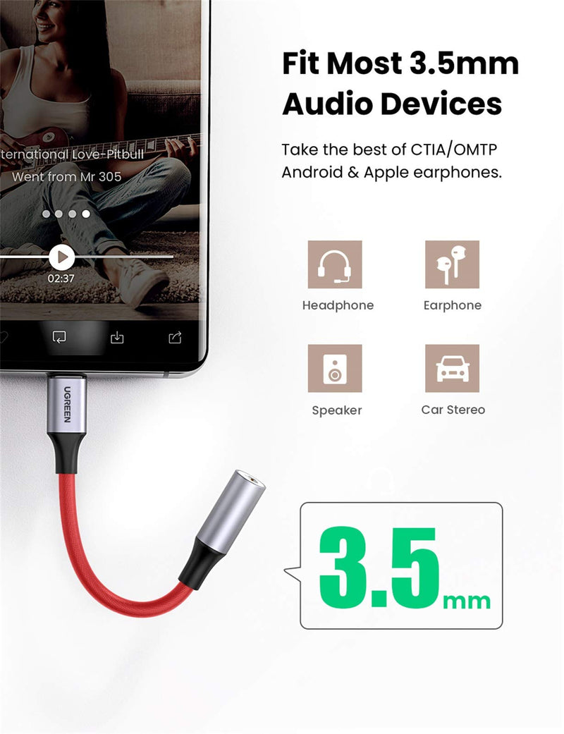 UGREEN USB C to 3.5mm Headphone Adapter Type C Dongle Audio Jack Converter with DAC Chip Compatible for Galaxy S21 Note20 Ultra S20 Note10 S10 Pixel 4 3 2 XL iPad OnePlus Red