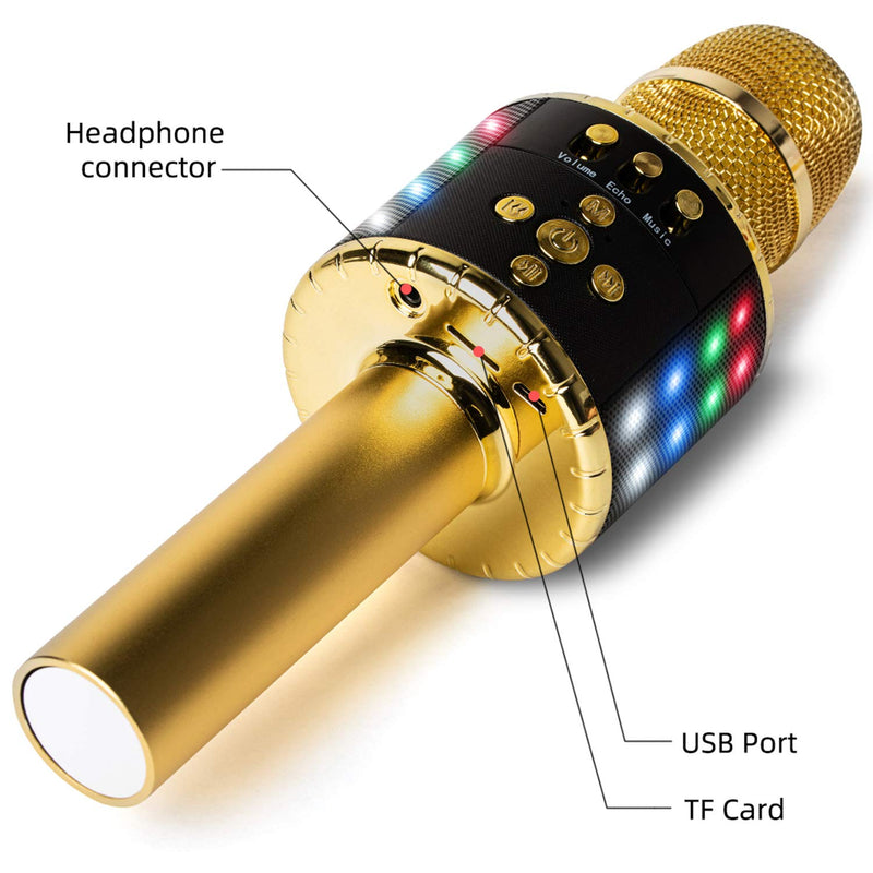 [AUSTRALIA] - Fifth Avenue-Store Wireless Bluetooth Karaoke Microphone with Multi-color LED Lights, 4 in 1 Portable Handheld Home Party Karaoke Speaker Machine for Android/iPhone/iPad/Sony/PC(Golden） Golden 