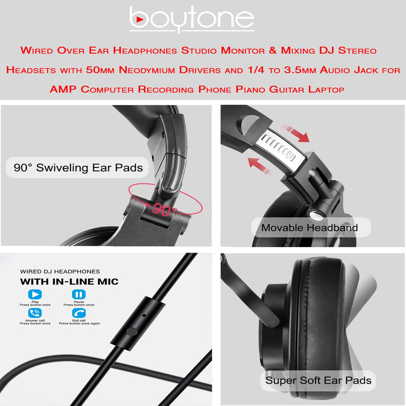 [AUSTRALIA] - Boytone BT-10RD Wired Over Ear Headphones Studio Monitor & Mixing DJ Stereo Headsets with 50mm Drivers and 1/4 to 3.5mm Audio Jack for Audio Mixer Computer, Phone, Guitar, Laptop, Amplifier 