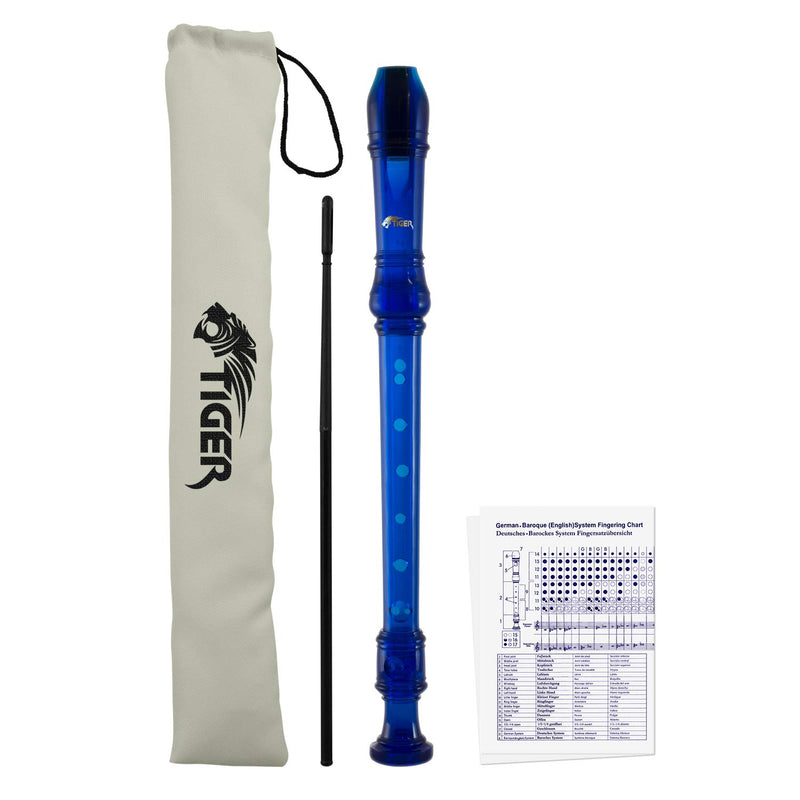 Tiger Music Purple Descant Recorder - Cleaning Rod & Case + Tiger Kids Coloured Descant Recorder - Blue Soprano Recorder, REC7-BL