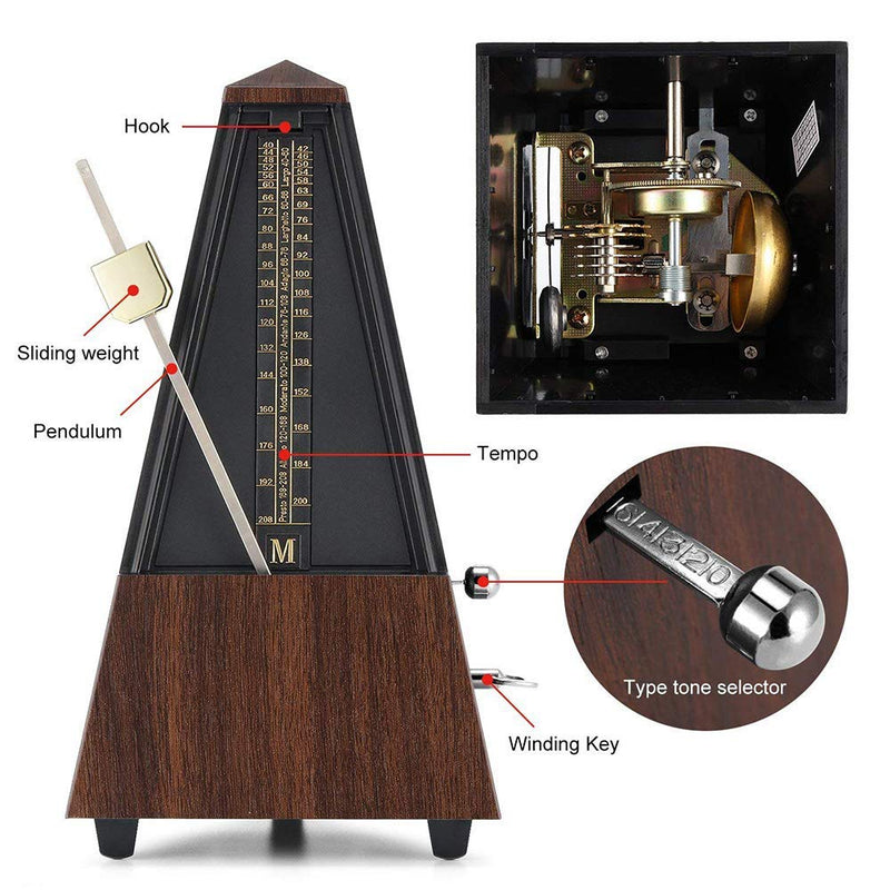 Antique Mechanical Metronome, Pyramid Design Plastic Music Timer, for Piano Guitar Violin Musical Instrument,Ideal for Music Lovers, Beginners or Musicians (Teak)