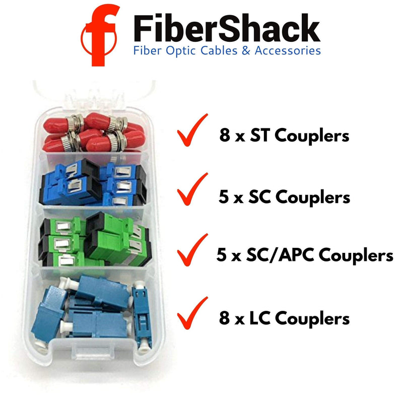 FiberShack - Fiber Optic Coupler Kit for ST, LC, SC, SC/APC Cables. 4 Styles with 26 Couplers for Single-Mode & Multi-Mode Patch Cords.