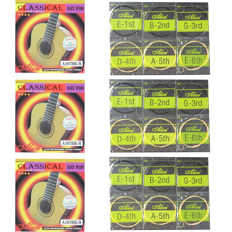 3 Packs Full Set Replacement Alice A107BK Hard Tension Black Nylon Gold-Plated Copper Alloy Wound Classical Guitar Strings (.0285 .0325 .041 .030 .036 .044)