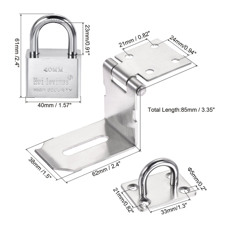 MECCANIXITY 4 Inch Stainless Steel 90 Degree Door Hasp Lock Keyed Different Clasp with Padlock and Screws for Cabinet Closet Gate, Silver Pack of 2