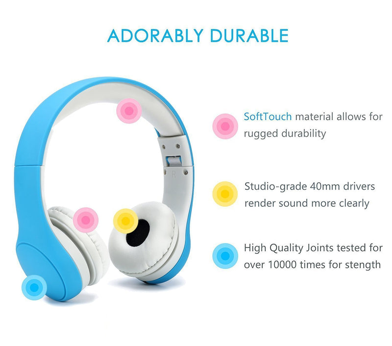 [Volume Limited] KPTEC Kids Safety Foldable On-Ear Headphones with Mic, Volume Controlled at Max 93dB to Prevent Noise-induced Hearing Loss (NIHL), Passive Noise Reduction, Wired Earbuds,Blue Blue