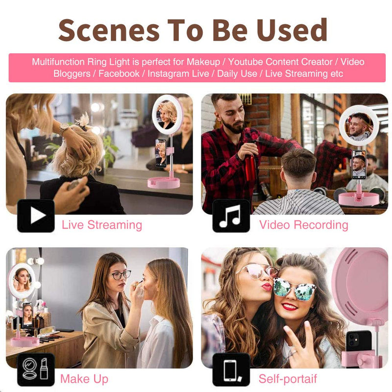 6.5" Portable Selfie Ring Light with Stand and Phone Holder as Desk Lamp/ Table Lamp, LED Makeup Ring Light with Mirror, 3 Color Modes and 10 Brightness for Traval/Live Stream/Video Recording(Pink)