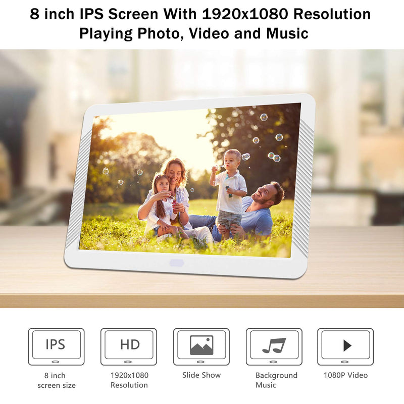 8 Inch Digital Photo Frame with 1920x1080 IPS Screen, Digital Picture Frame Support Adjustable Brightness, Photo Deletion, 1080P Video, Music,Slideshow,Remote,16:9 Widescreen,Suppot 128GB SD Card, USB White 8 inch