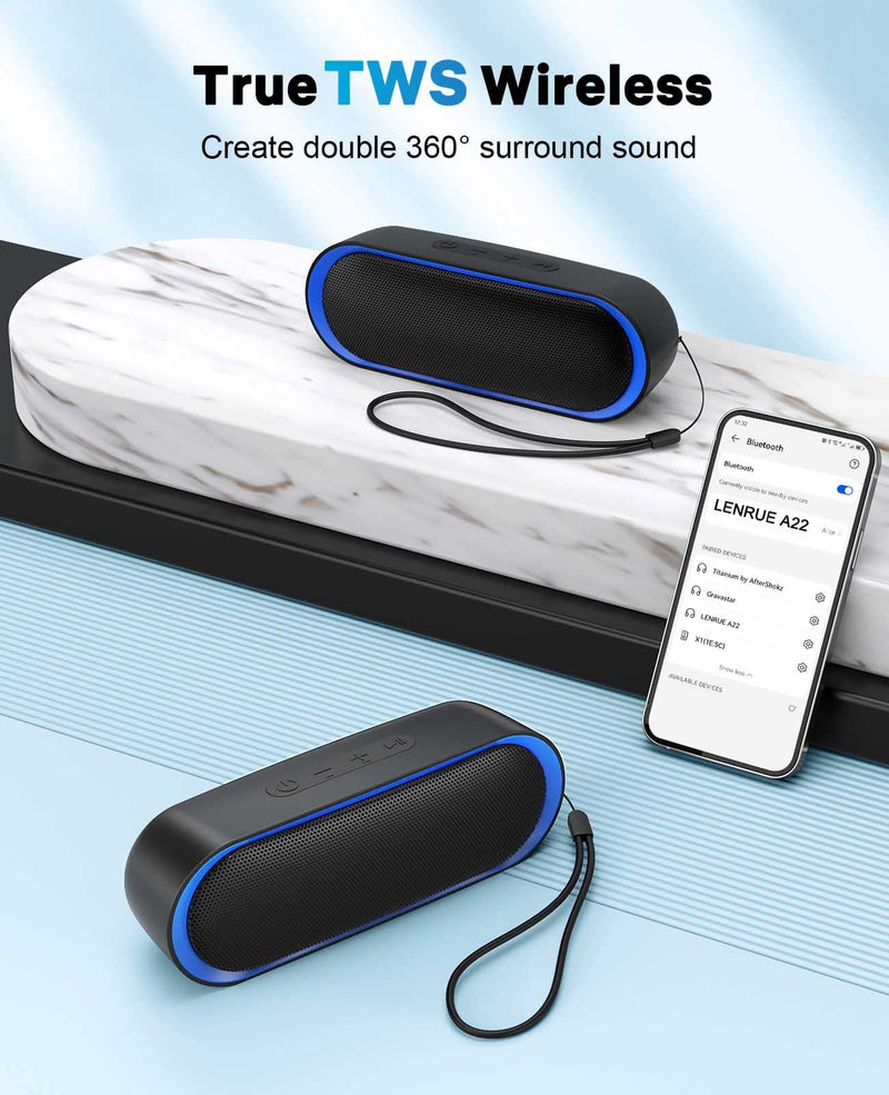 LENRUE Bluetooth Speakers, Waterproof Portable Speakers with TWS, 24 Playtime, Stereo Sound, Wireless for Home Shower Pool Beach Outdoor (Blue) Blue