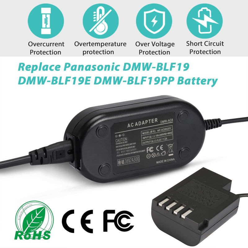 PowEver DMW DCC12 DMW AC8 AC Power Adapter Charger kit Replacement DMW-BLF19 DMW-BLF19E DMW-BLF19PP Battery for Panasonic Lumix DMC-GH3 DMC-GH4 DMC-GH3K DMC-GH4K DMC- GH5 DMC-GH5S DC-G9 Cameras