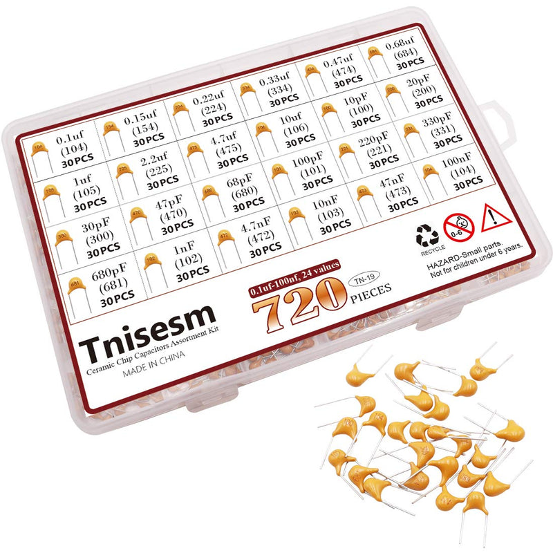 Tnisesm 720 Pcs 24Value Ceramic Capacitor Assortment Kit 0.1uF-100nF DIP Monolithic Multilayer Chip Capacitors in a Box Tn-19 0.1uF-100nF (720PCS)