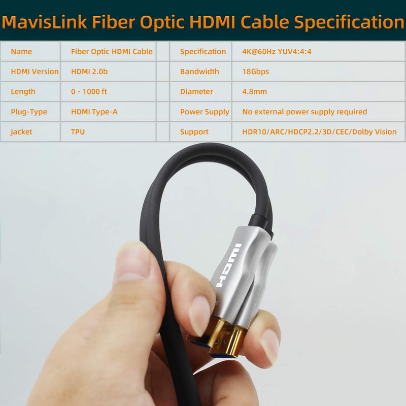 MavisLink Fiber Optic HDMI Cable 10ft 4K 60Hz HDMI 2.0 Cable 18Gbps HDMI Cord Support ARC HDR HDCP2.2 3D Dolby Vision for Blu-ray/TV Box/HDTV / 4K Projector/Home Theater 10ft Fiber HDMI Cable