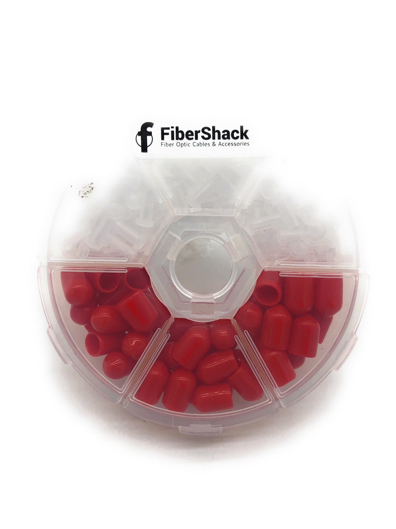 FiberShack - Dust Cap Kit for Fiber Optic Cables, End Faces and Devices. Contains 200 2.5mm Clear FC/SC/ST Ferrules and 50 Red ST Debris Covers - Includes Durable Compartment Carry case