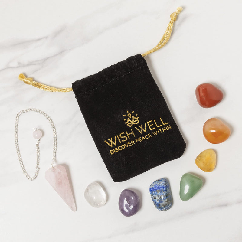 Tibetan Singing Bowl Set ~ 7 Chakra Crystal Stones and Rose Quartz Pendulum ~ Easy to Play with Fabric Case, Cushion, and Mallet ~ For Meditation, Yoga, Spiritual Healing, and Mindfulness