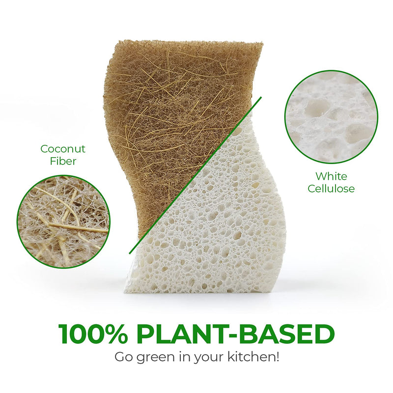 AIRNEX Biodegradable Natural Kitchen Sponge - Compostable Cellulose and Coconut Walnut Scrubber Sponge - Pack of 12 Eco Friendly Sponges for Dishes