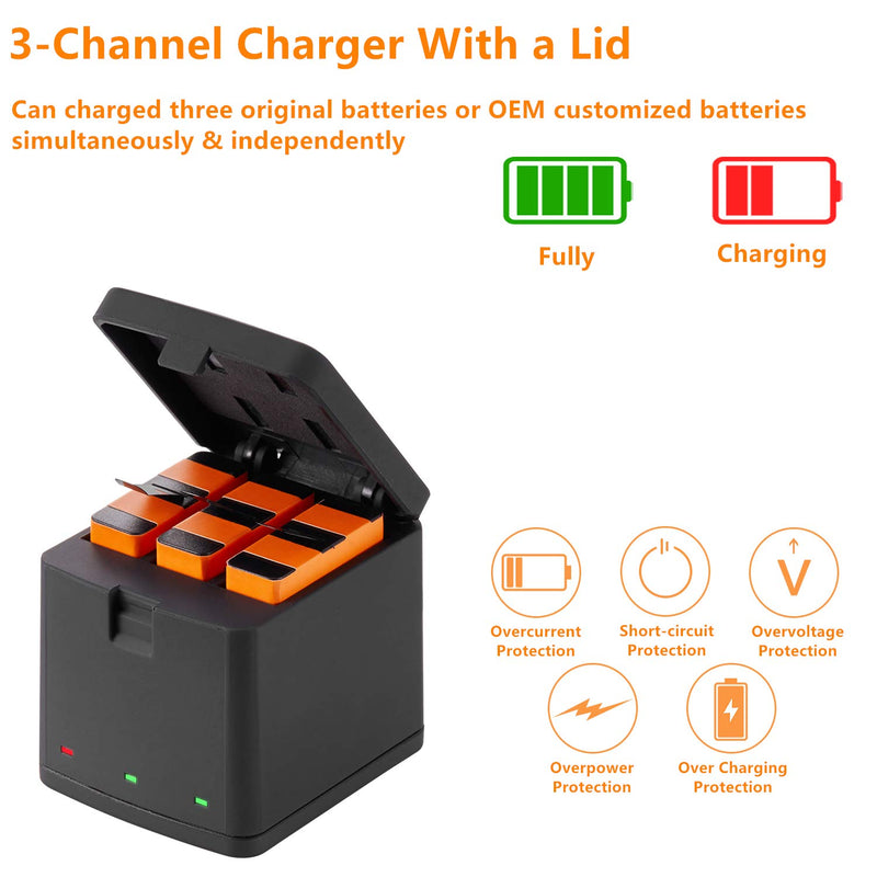 Vemico Battery Charger Kit Hero 8/7/6 3X1500mah Replacement Batteries and 3-Channel LED Type C USB Charger for GoPro Hero 8 Black/Hero 7/Hero 6/Hero 5/AHDBT-801(Fully Compatible with Original) Orange