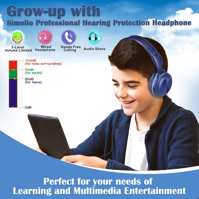 SIMOLIO Wired Headphones with Microphone & Volume Control & 3-Level Switchable Volume Limited & Share Jack & Bag, 3.5mm Jack Headset for Kids Teens Adults Youths School Plane Travel PC Computer Laptop