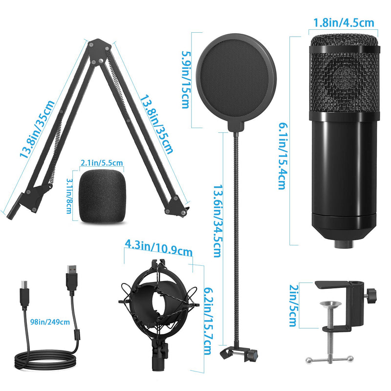 USB Microphone, PEMOTech Professional 192KHZ / 24Bit PC Microphone Kit with Boom Arm Pop Filter Shock Mount Windscreen for Broadcasting, Recording, Skype, Youtube, Gaming