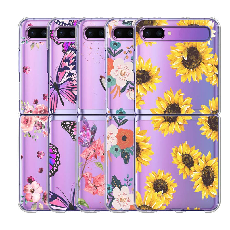 LSL Samsung Galaxy Z Flip 5G Case Clear Butterflies Floral Cute Design Pattern Hard PC Shockproof Protection Full Body Protection Wireless Charging Cover for Galaxy Z Flip 5G 6.7 Inch