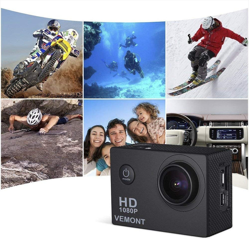 VEMONT Action Camera 1080P 12MP Sports Camera Full HD 2.0 Inch Action Cam 30m/98ft Underwater Waterproof Snorkel surf Camera with Wide-Angle Lens and Mounting Accessories Kit Black