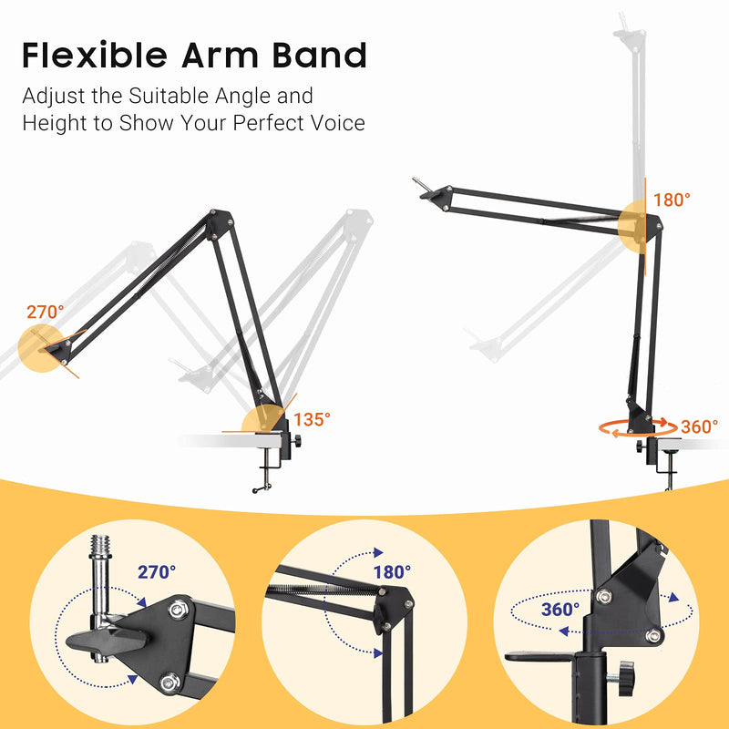 CAHAYA Microphone Stand Microphone Suspension Boom Scissor Arm Stand Adjustable 3/8" to 5/8" and 3/8" to 1/4" Screw Adapter Black