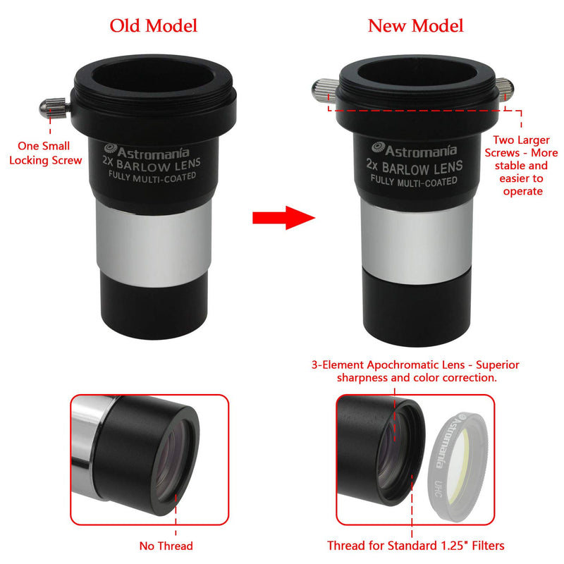 Astromania 1.25" Latest 2X Barlow Lens MultiCoated Metal with M42x0.75 Thread Camera Interface for Telescopes 1.25" 2X Barlow Lens