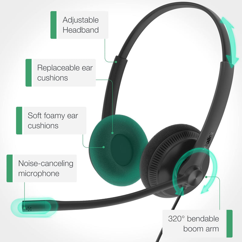 Yealink Phone Headsets for Office Phones YHS34 Lite QD to RJ9 Wired Headset Compatible with Poly Avaya Snom Grandstream Phones Desk Landline Headset with Microphone -Dual/111g/2.1m Cable Foamy Ear Cushions - Dual