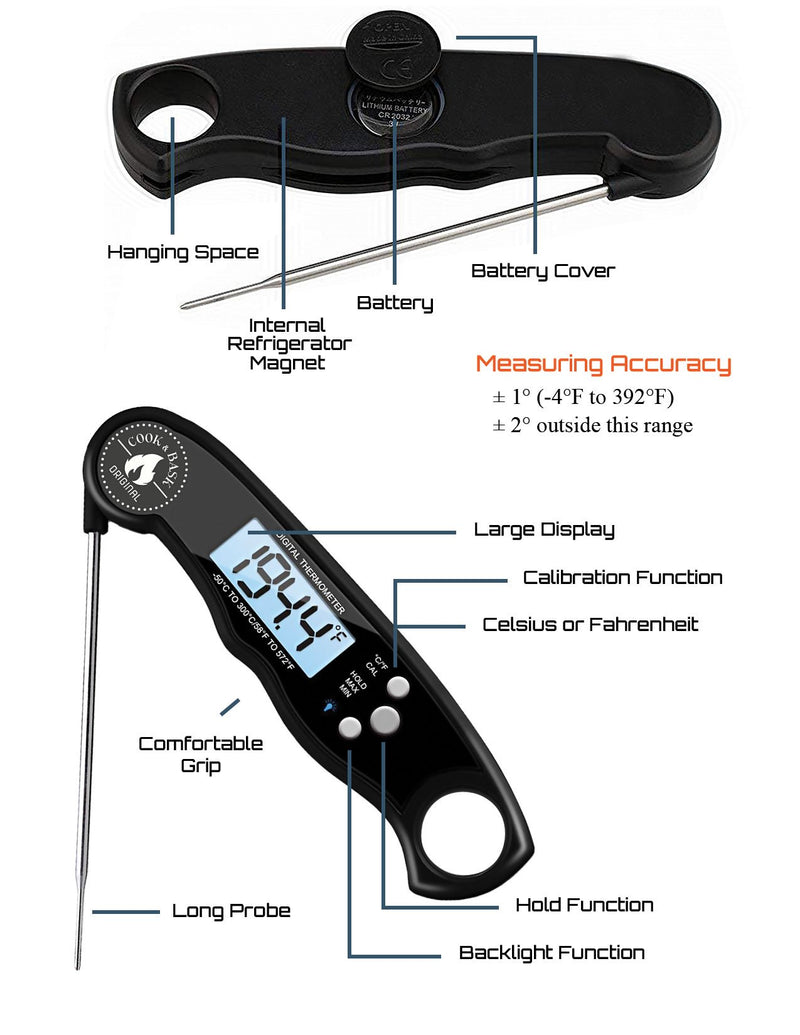 Instant Read Digital Food Meat Thermometer with Long Probe - Grill Cook BBQ and Bake.