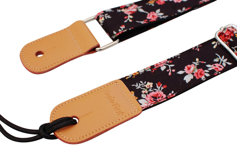 MUSIC FIRST Original Design “Rosa Multiflora in Black” Soft Cotton & Genuine Leather Ukulele Strap Ukulele Shoulder Strap